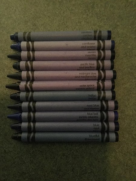 File:Crayola crayons with blue wrappers including bluetiful.jpg