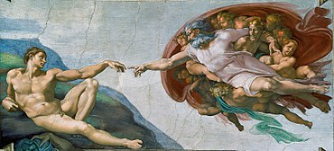Michelangelo's The Creation of Adam (c. 1512), part of the Sistine Chapel ceiling, is considered an archetypal masterpiece of painting. Creacion de Adan (Miguel Angel).jpg