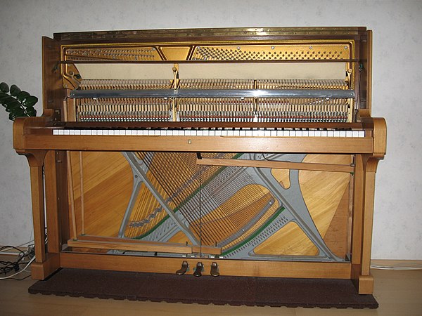 Each key on an acoustic piano is connected to its own hammer-and-string sound-producing mechanism.