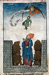 Daniel in the lions' den saved by Habakkuk (France, 15th century) Daniel dans la fosse aux lions.jpg