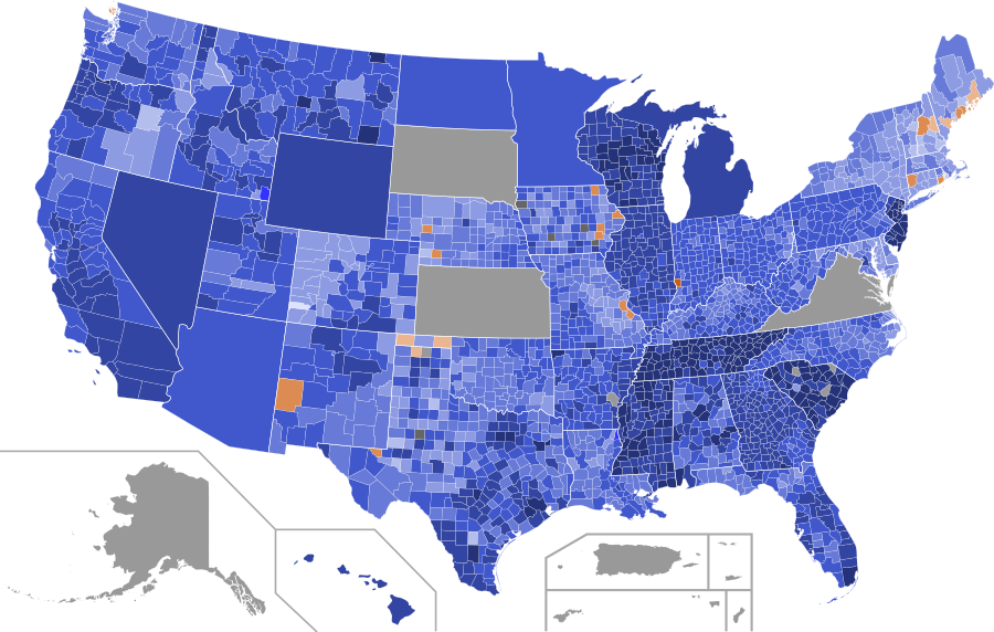 Democratic presidential primaries results by county margin, 2000.svg