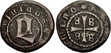 Bronze denaro of Domenico Gattilusio, with a large "D" on the obverse, and the tetragrammatic cross of the Byzantine Empire on the reverse Denaro of Domenico Gattilusio.jpg