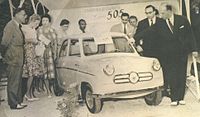 Microcar Dimitriadis 505 (1958). The car is exhibited in a Trade Fair; Mr. Dimitriadis (to the right of the car, with glasses) and Greek minister for Industry, Nikolaos Martis (extreme right) can also be seen. Despite the interest, this venture received no state support. Dimitriadis 505.jpg