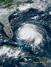 El huracán Dorian como un fuerte huracán de categoría 5 sobre las Bahamas el 1 de septiembre de 2019.