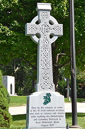 Grave of some of the 57 Irish victims of Duffy's Cut in West Laurel Hill Cemetery Duffys Cut Cross West Laurel Hill.JPG