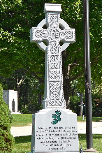 Grave of some of the 57 Irish victims of Duffy's Cut in West Laurel Hill Cemetery in Bala Cynwyd, Pennsylvania. Irish Americans make up the largest ethnicity in the Delaware Valley.[21]