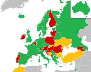 Një hartë me ngjyra e vendeve të Evropës