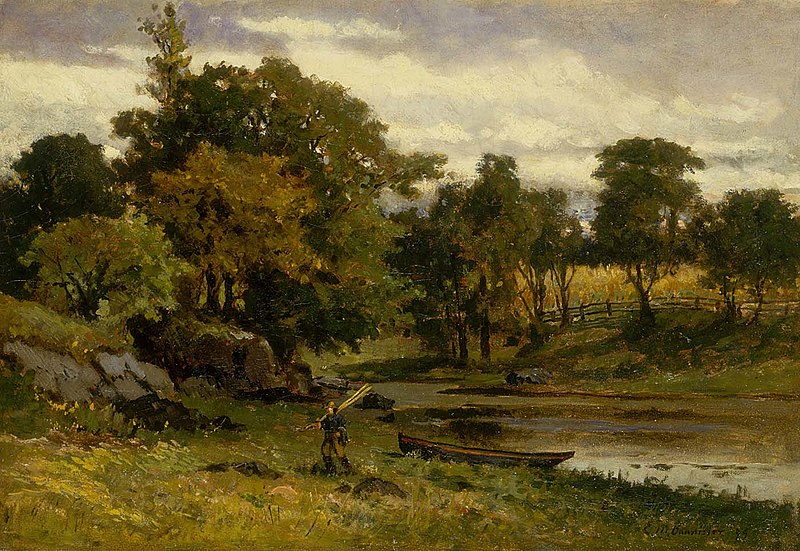 File:Edward Mitchell Bannister - Untitled (landscape, boat moored near stream, man walking in foreground) - 1983.95.112 - Smithsonian American Art Museum.jpg