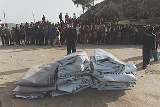 Two hundred rolls of heavy-duty plastic sheeting were given to earthquake-affected households in Nepal's Kathmandu District's Sankhu village and surrounding areas on May 1st. An additional 500 rolls of this critical emergency shelter material were dispatched to Gorkha, Kathmandu, and Sindhupalchowk. The sheeting was provided by USAID's Office of U.S. Foreign Disaster Assistance and distributed by the nongovernmental organizations Agency for Technical Cooperation and Development and Save the Children Emergency shelters.jpg