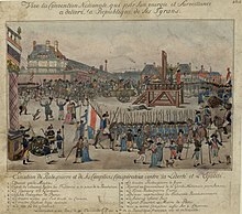 The execution of Couthon; the body of Adrien Nicolas Gobeau, ex-substitute of the public prosecutor Fouquier and member of the Commune, the first who suffered, is shown lying on the ground;[517] Robespierre {#10} is shown holding a handkerchief to his mouth. Hanriot {#9} is covering his eye, which came out of its socket when he was arrested.