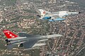 F-16 of the 100th Fighter Squadron flies in formation with a MiG-21 LanceR, Dacian Viper 2015 exercise