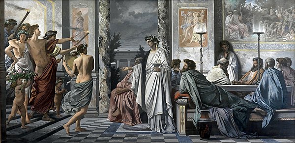 This painting by Anselm Feuerbach re-imagines a scene from Plato's Symposium, in which the tragedian Agathon welcomes the drunken Alcibiades into his 