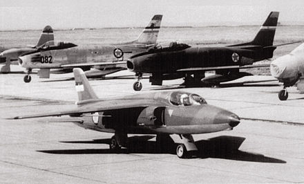 UK's Folland Gnat showing its size relative to the North American F-86 Sabres in the background, which it dominated in several conflicts.