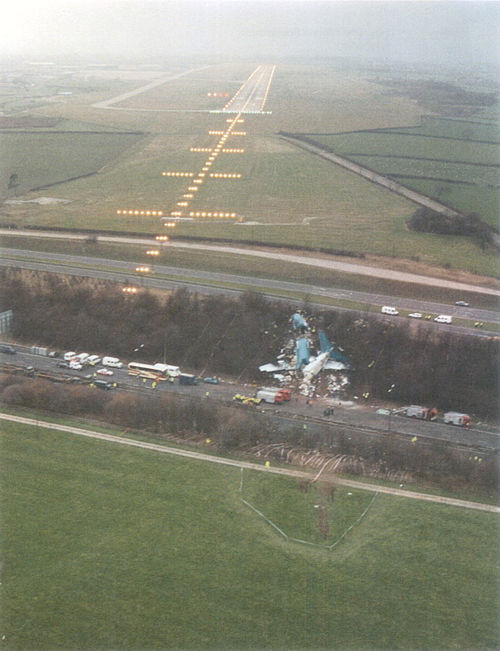 The scene of the disaster, with the runway that G-OBME failed to reach at the top of the picture