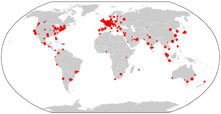 A map showing the distribution of GaWC-ranked world cities (2010 data).