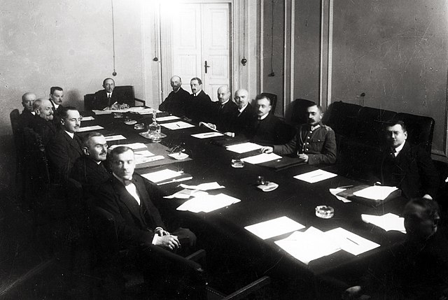 The cabinet of Prime Minister Leopold Skulski in a session in 1920. Due to the deep political divides of the early Second Republic, governments were s