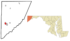 Garrett County Maryland Incorporated and Unincorporated areas Oakland Highlighted.svg
