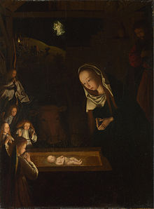 Nativity at Night by Geertgen tot Sint Jans, c. 1490, after a composition by Hugo van der Goes of c. 1470, influenced by the visions of Saint Bridget of Sweden. Sources of light are the infant Jesus, the shepherds' fire on the hill behind, and the angel who appears to them. Geertgen tot Sint Jans, The Nativity at Night, c 1490.jpg