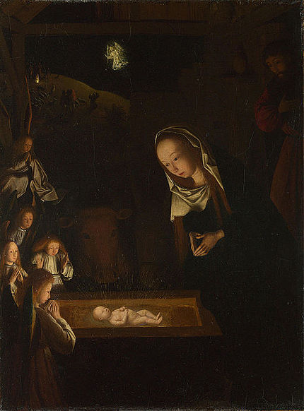 Geertgen tot Sint Jans' Nativity at Night. Unlike most paintings based on the visions of St. Bridget of Sweden, Sint Jans managed to resist the commonly-used layouts that always makes me think they dropped the baby.