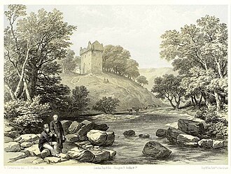 Walter Scott (seated) and William Wordsworth on the Yarrow Water near Newark Castle, Selkirkshire in 1831, portrayed in an 1849 lithograph by Thomas Ashburton Picken of a drawing by George Cattermole. George Cattermole's Newark Castle.jpg