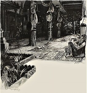 Mâtho et Spendius tentent de pénétrer dans le temple de Tanit. Gravure de Champollion d'après Rochegrosse, 1900.