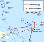 Carte des mouvements et des attaques perpétrées par les croiseurs auxiliaires allemands Komet et Orion ainsi que le pétrolier-ravitailleur Kulmerland dans l'Ouest de l'océan Pacifique.