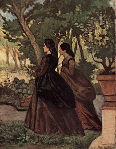 63 Two women in a garden at Castiglioncello label QS:Len,"Two women in a garden at Castiglioncello" 1864