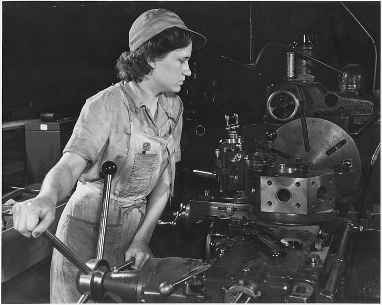 File:Grace Janota, former department store clerk, is now a lathe operator at a Western aircraft plant producing B-24... - NARA - 196370.jpg