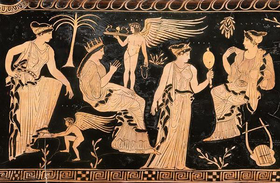 Eurynome, Pothos, Hippodamie, Eros, Iaso y Asteria en un jarrón ático de figuras rojas del pintor de Kadmos, alrededor del 400 a. C.  Chr.