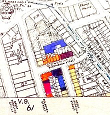 London County Council bomb damage map of the Greenwell Street area (darker colours indicate more severe damage) Greenwell Street bomb damage map.jpg