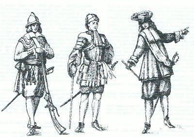Soldier, officer and high officer of the Corsican Guard in 1656, after "La Corse militaire", by Marquis Paul D'Ornano (1904)