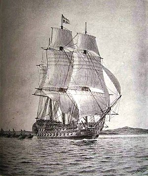 Konung Adolf Fredrik passerar Hemsön nordost om Härnösand, Teckning av amiral Jacob Hägg
