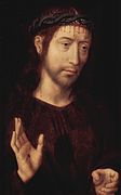 Christus mit Dornen gekrönt und zum Segen eine durchbohrte Hand erhoben.