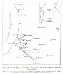 William Herbert Hobb's diagram of eyewitness sightings of the 1919 Michigan meteor. Hobbs Diagram of Meteor Sightings.png