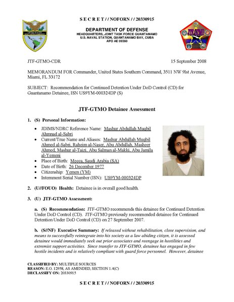 File:ISN 00324, Mashur Abdallah Muqbil Ahmned al-Sabri's Guantanamo detainee assessment.pdf