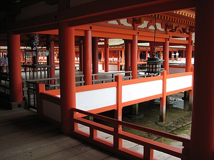 The orange pathways on stilts of Itsukushima Shrine