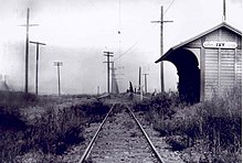 La station de Culver City en 1905 (à l'époque gare d'Ivy). Photographie en noir et blanc.