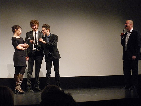 Anne Dorval, François Arnaud, and Xavier Dolan on stage for a Q&A at the 2009 Toronto International Film Festival.