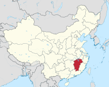 Jiangxi in China, showing approximate area of Huang Tingjian's home (modern map)