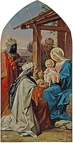 Oil painting depicting a woman with a child, surrounded by three richly decorated men on the left and another man in a manger on the top