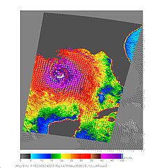 QuikSCAT image of Hurricane Katrina on August 28, 2005, over the Gulf of Mexico Katrina QST 2005240 lrg.jpg