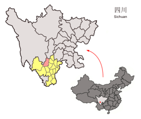 Miannings läge i Liangshan, Sichuan, Kina.
