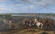 French forces under Louis XIV cross the Rhine into the Netherlands in 1672 Louis XIV crosses the Rhine at Lobith - Lodewijk XIV trekt bij het Tolhuis bij Lobith de Rijn over, 12 juni 1672 (Adam Frans van der Meulen).jpg
