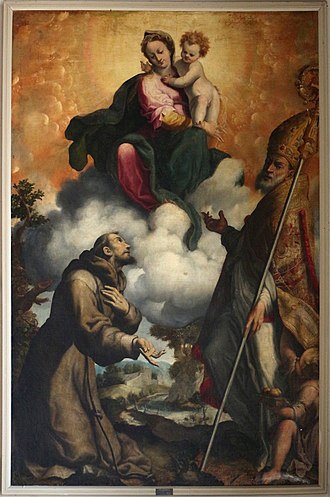 Madonna in Glory between Saint Francis and a Holy Bishop Luca cattapane, madonna in gloria tra s. francesco e un santo vescovo, xvi secolo.jpg