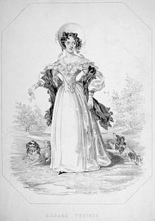 Lucia Elizabeth Vestris, accompanied by spaniels, lithograph c. 1831–1835 (Source: Wikimedia)