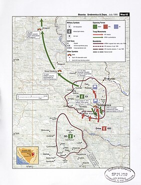 Map of military operations during the Srebrenica massacre. The green arrow marks the route of the Bosniak column. Map 61 - Bosnia - Srebrenica & Zepa, July 1995.jpg