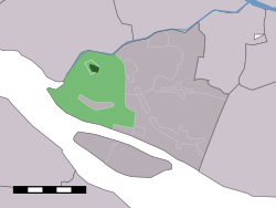 Das Dorfzentrum (dunkelgrün) und das statistische Viertel (hellgrün) von Goudswaard in der ehemaligen Gemeinde Korendijk.