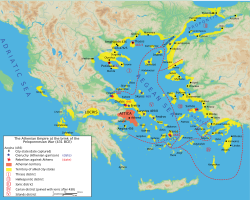 Delian League ("Athenian Empire") vist i gult, athensk territorium vist i rødt, situasjonen i 431 f.Kr., før den Peloponnesiske krigen.