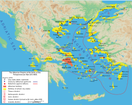 Delian League ("Athenian Empire"), right before the Peloponnesian War in 431 BC Map athenian empire 431 BC-en.svg