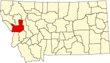 Location of Missoula County in Montana Map of Montana highlighting Missoula County.svg